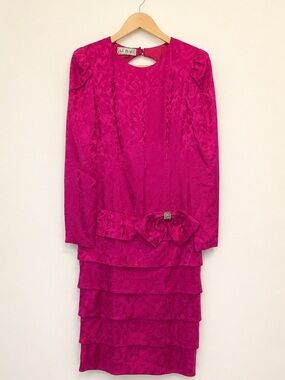 Vintage A.J. Bari 100% Silk Fuchsia Jacquard Cocktail Dress Size 8 Rhinestone